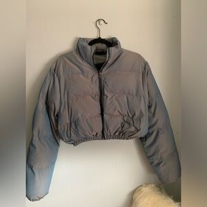Shein Cropped Blue Metallic Puffer Jacket